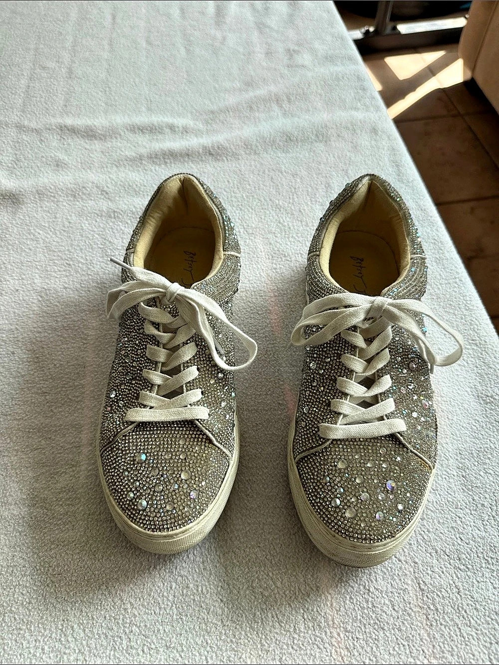 Betsy Johnson Glitter Rhinestone Sneakers in Silver & White